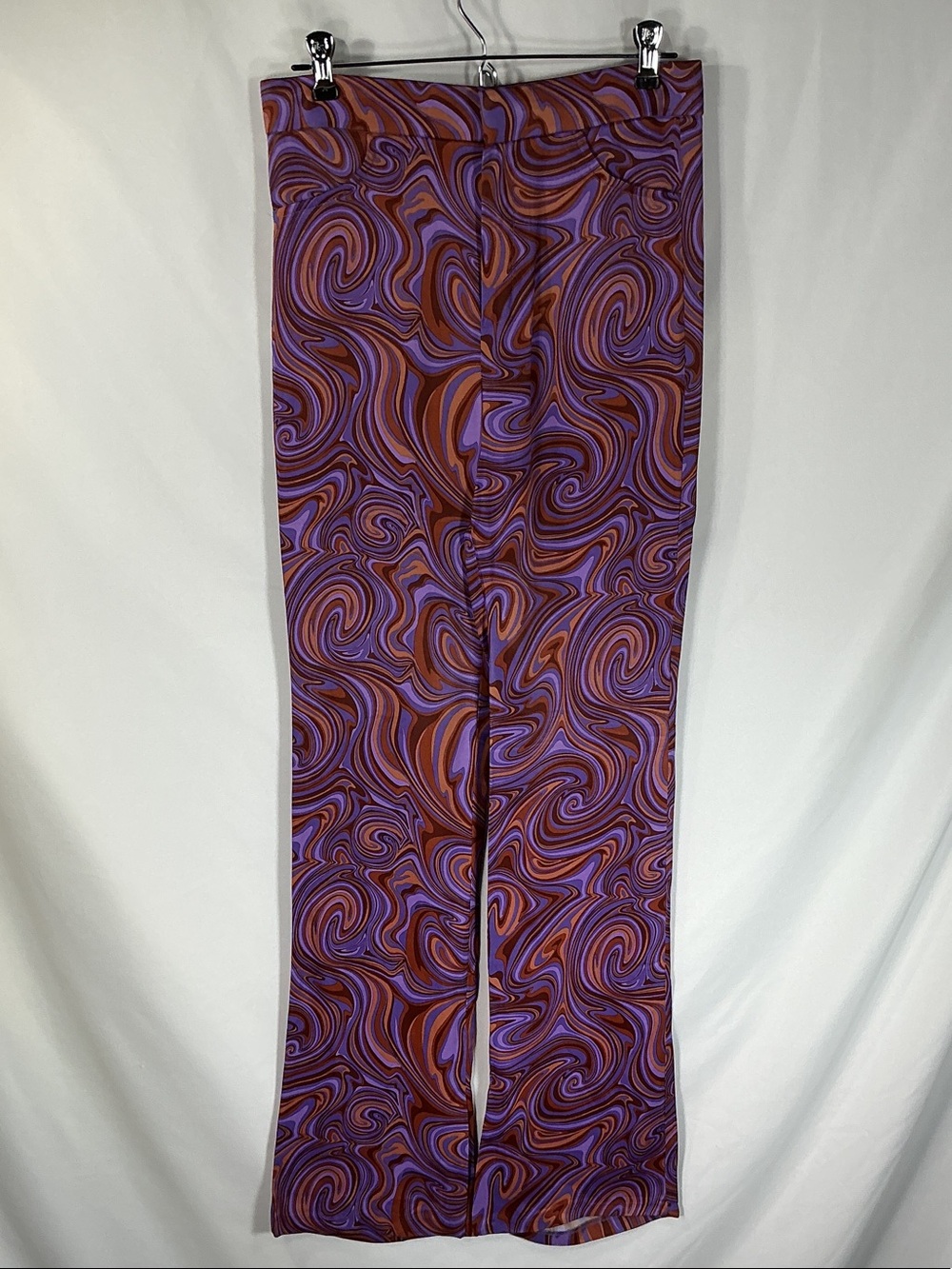 Zara NWT Retro Swirl Print High Rise Flare Pants Purple Brown Size M 70s Boho